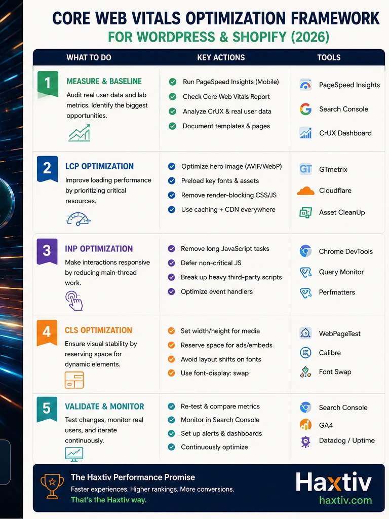 WordPress speed optimization checklist with hosting, caching, media, fonts, database cleanup, and monitoring steps